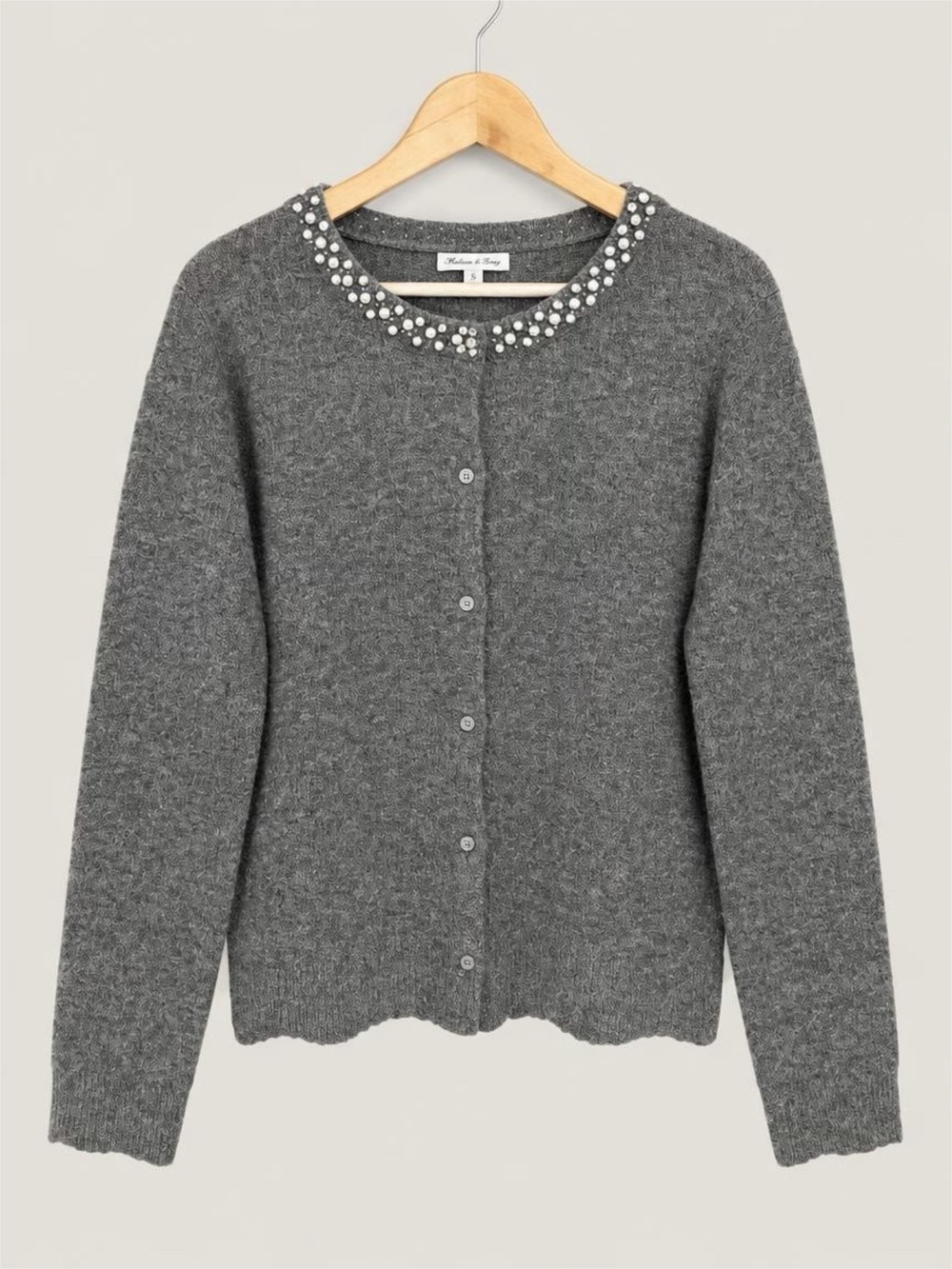 White Birch Pearl-Embellished Gray Crewneck Cardigan - 1X